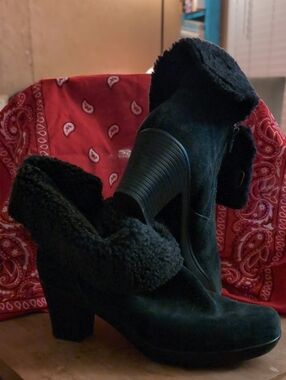 Black Suede Fold-Down Shearling Ankle Boots